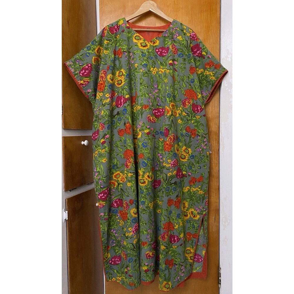 J PETERMAN Cotton Oversized Maxi Kaftan Mumu Pockets One Size Floral Boho Dress - Picture 3 of 8